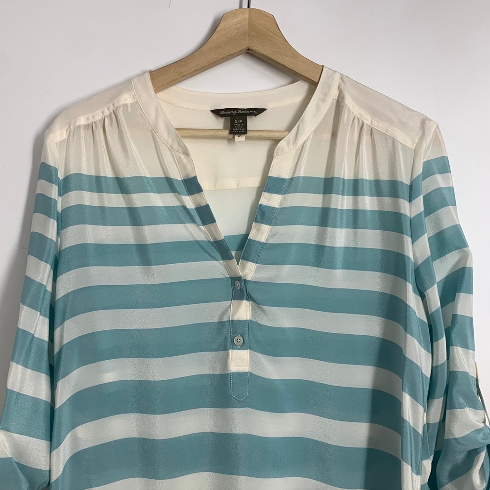 Tommy Bahama 100% Silk Striped V Neck Roll Tab Sleeve Tunic Top Women Size S - Picture 3 of 15